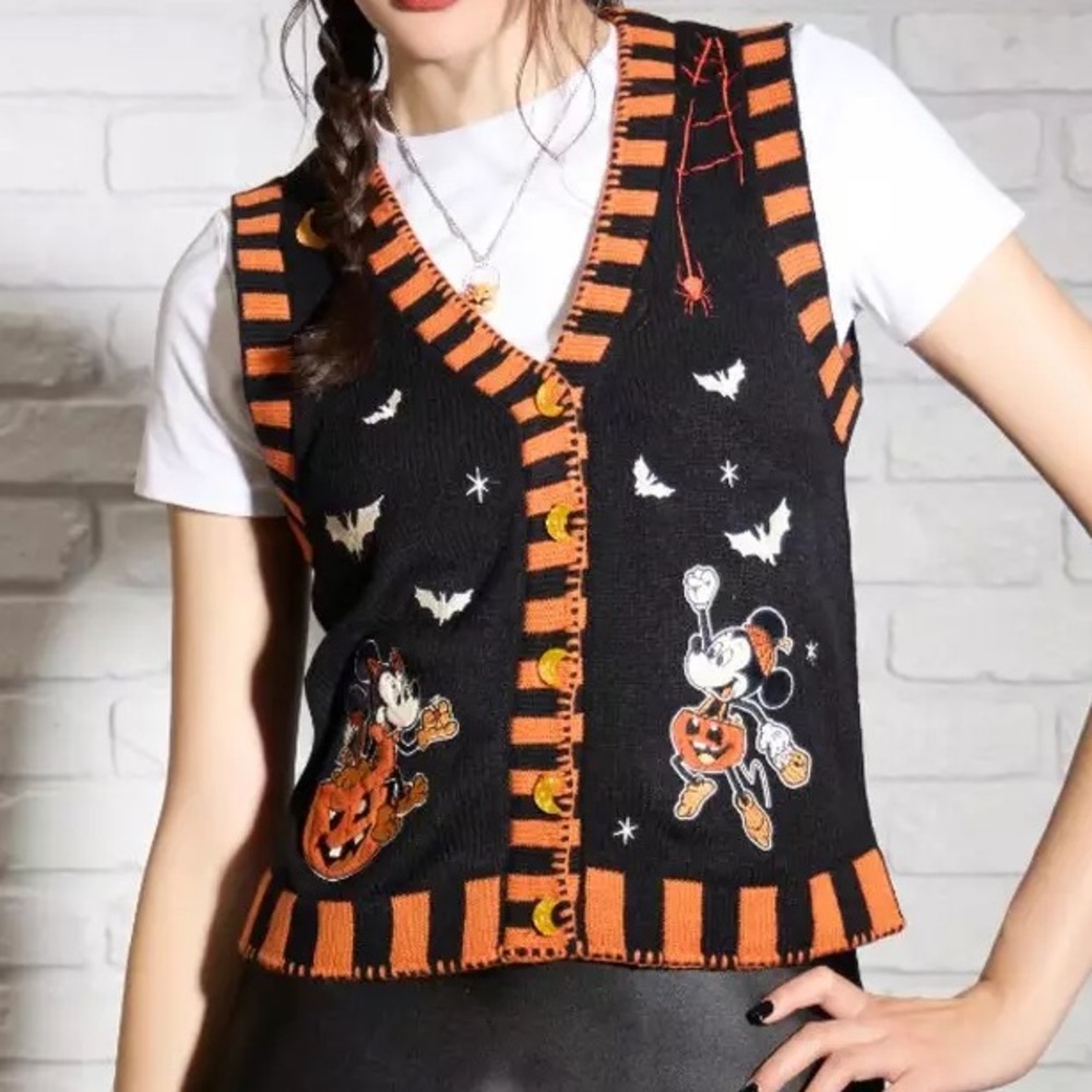 Disney Mickey Mouse & Minnie Mouse Pumpkin Sweater‎ Vest Halloween - Picture 2 of 4